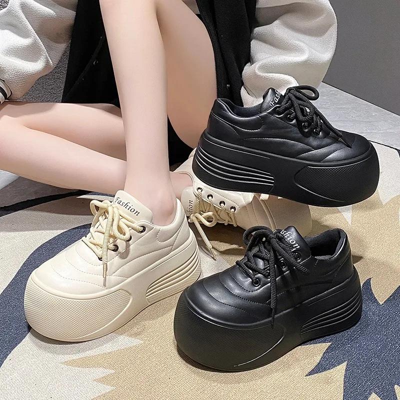 Fashion 7CM High Platform Women Flats Summer Spring Autumn Fashion Round Toe Leather Casual Loafers Female Outdoor Daily Slip-on Shoes