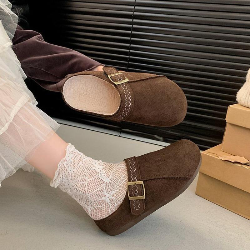 Mao Mao Baotou cotton slippers women wear in autumn and winter, new thick-soled velvet retro one-pedal and half slippers