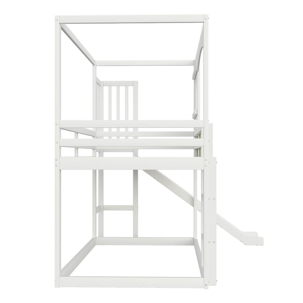Bunk Bed Children's Bed 90*200 Cm House-Shaped Frame with Windows, Irregular Multicolor Railing Design, with Slide and Safety Ladder, Loft Bed, White