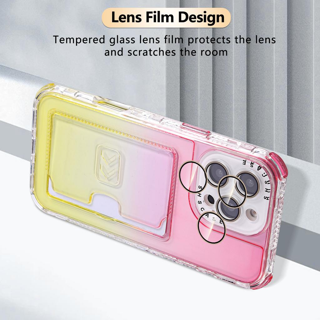 For iPhone 16 Pro Case Card Holder Gradient Color PC+TPU Anti Drop Phone Back Cover with Lens Film