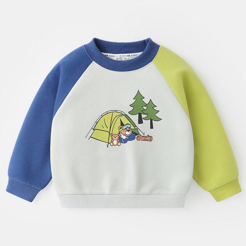 Boys  Raglan Sleeve Cartoon Sweatshirt Spring New Children s Clothing Children s Top Spring U15877 Blue-Green Patchwork Sleeves 90
