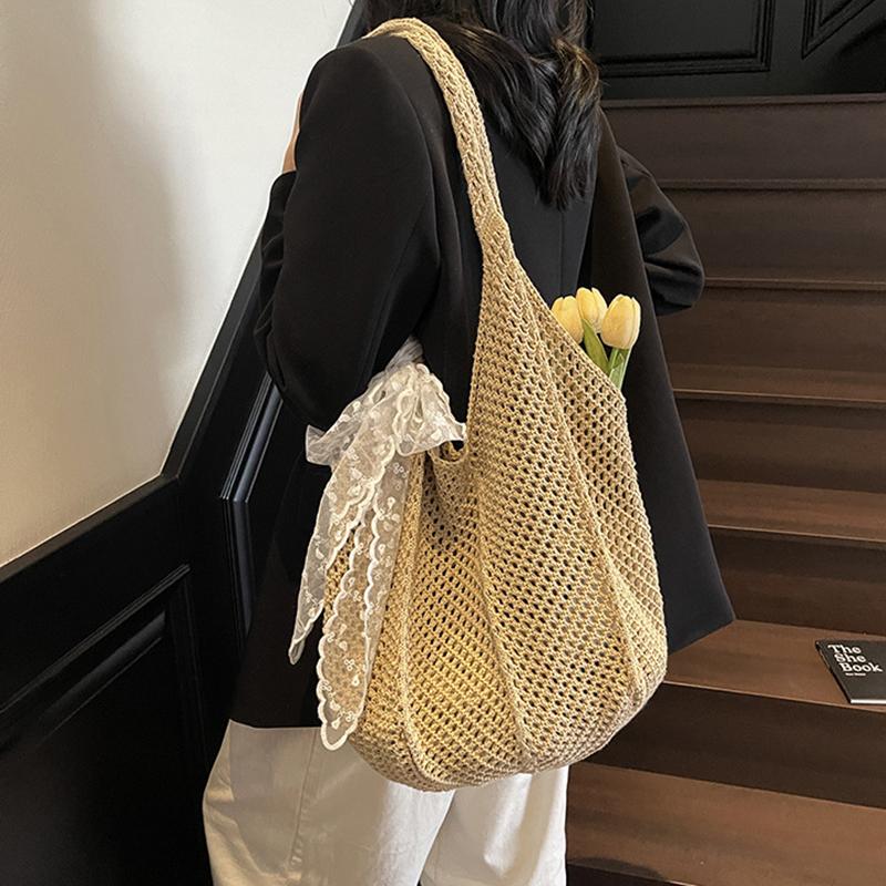 Yogodlns Women Hollow Out Crochet Tote Bag Fashion Knitted Bag Large Capacity Scarf Decor Handbag Female Summer Beach Solid Color Woven Shoulder Bag