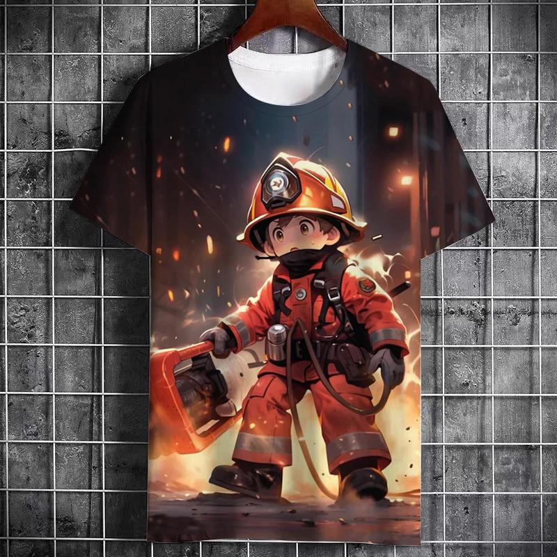 New Firefighter Cartoon Animation Pattern Summer Printed Boys' T-shirt O-neck Comfortable Casual Fashion Short Sleeve