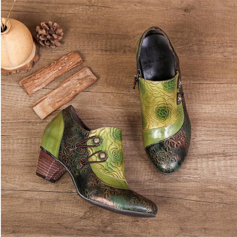 Johnature Genuine Leather Ethnic Style Pumps Women Shoes Round Toe Fashion Handmade Med Heels Ladies Shoes