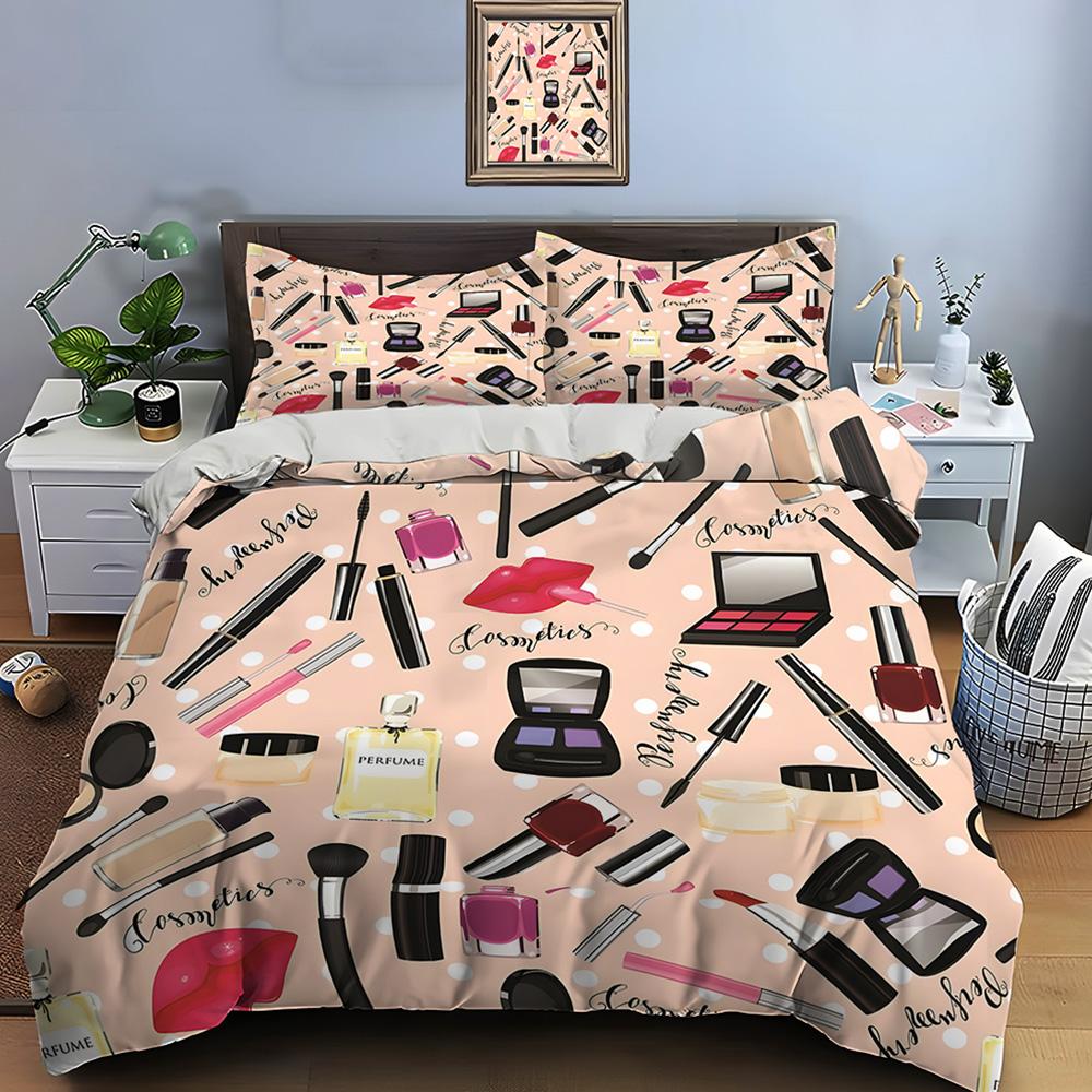 3PC Fashion Make Up Print Bedding Set Duvet Cover 1 Duvet Cover 2 Pillowcases Adult and Children Bedding Set Luxury Girls Gifts