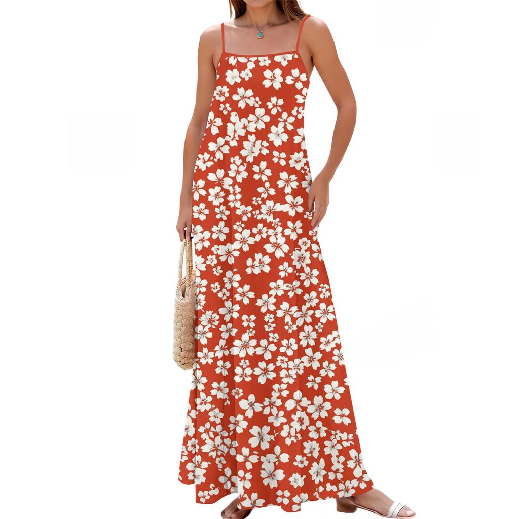 Women's Spring And Summer Casual Fashion Adjustable Suspender Printing Long Dress