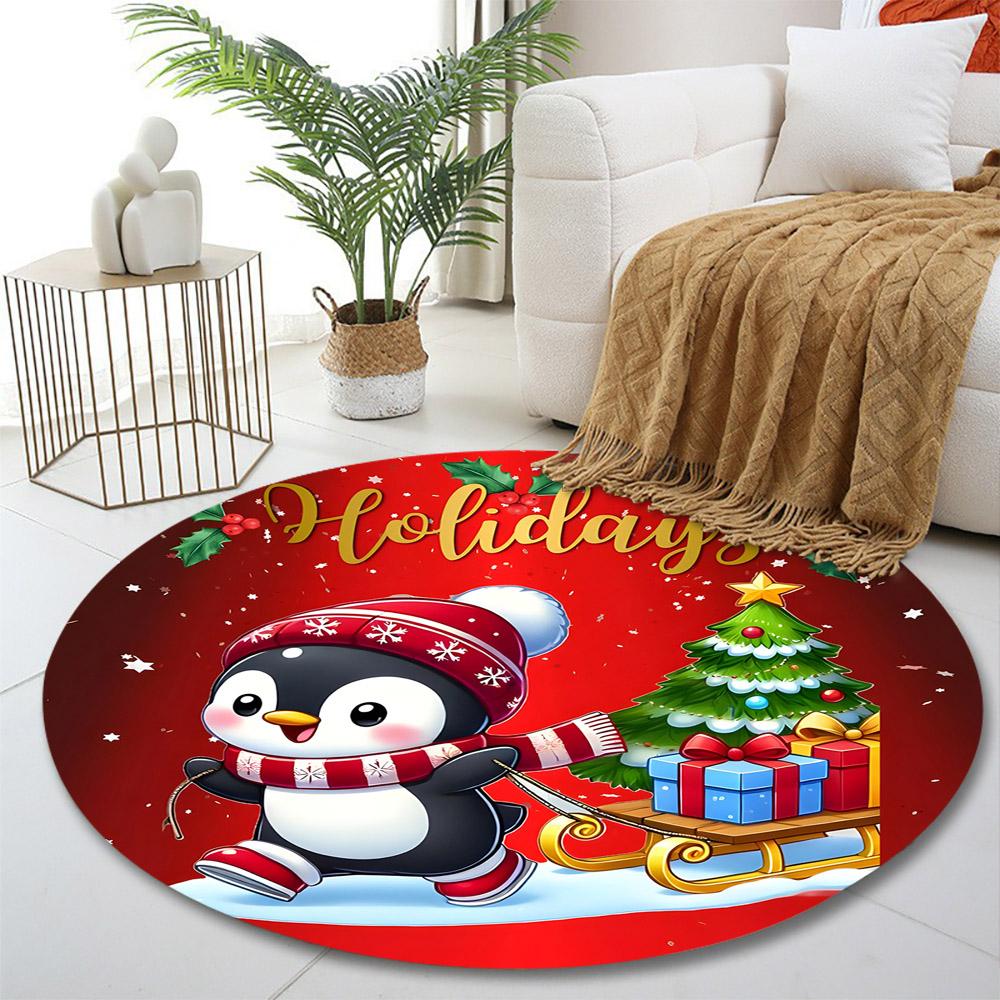 Penguin with Sled & Holiday Gifts Print Round Rug, Living Room, Bedroom, Playroom Carpet, Non Slip Floor Mat, Gift