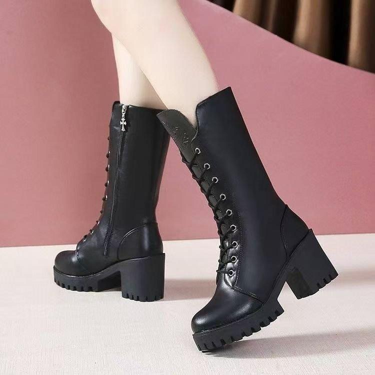 Thick-heeled Martin Boots Women's Medium Boots Women's Autumn and Winter 2025 New British Style Versatile Women's Shoes Black High-heeled Women's Boot