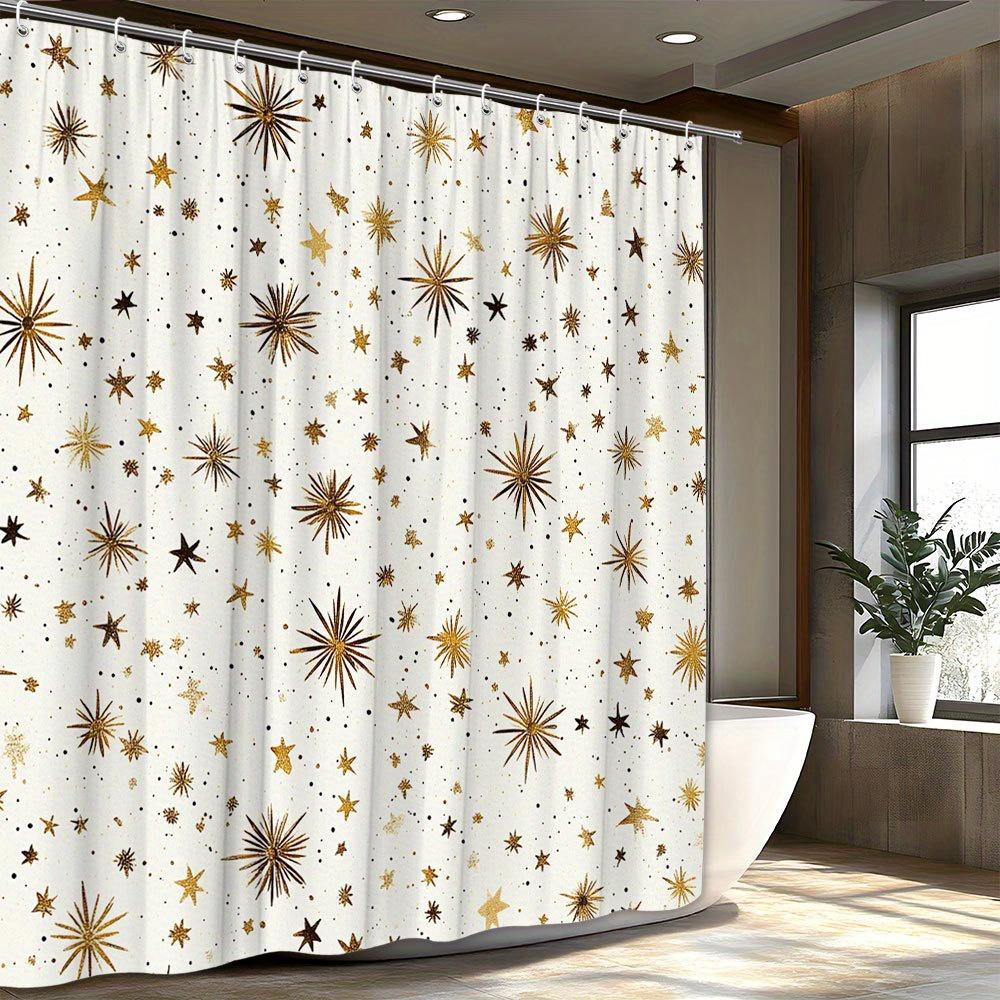 

1pc Starry Night Shower Curtain, Golden and Brown Metallic Stars on Cream Background, Whimsical Celestial Design 90X180cm