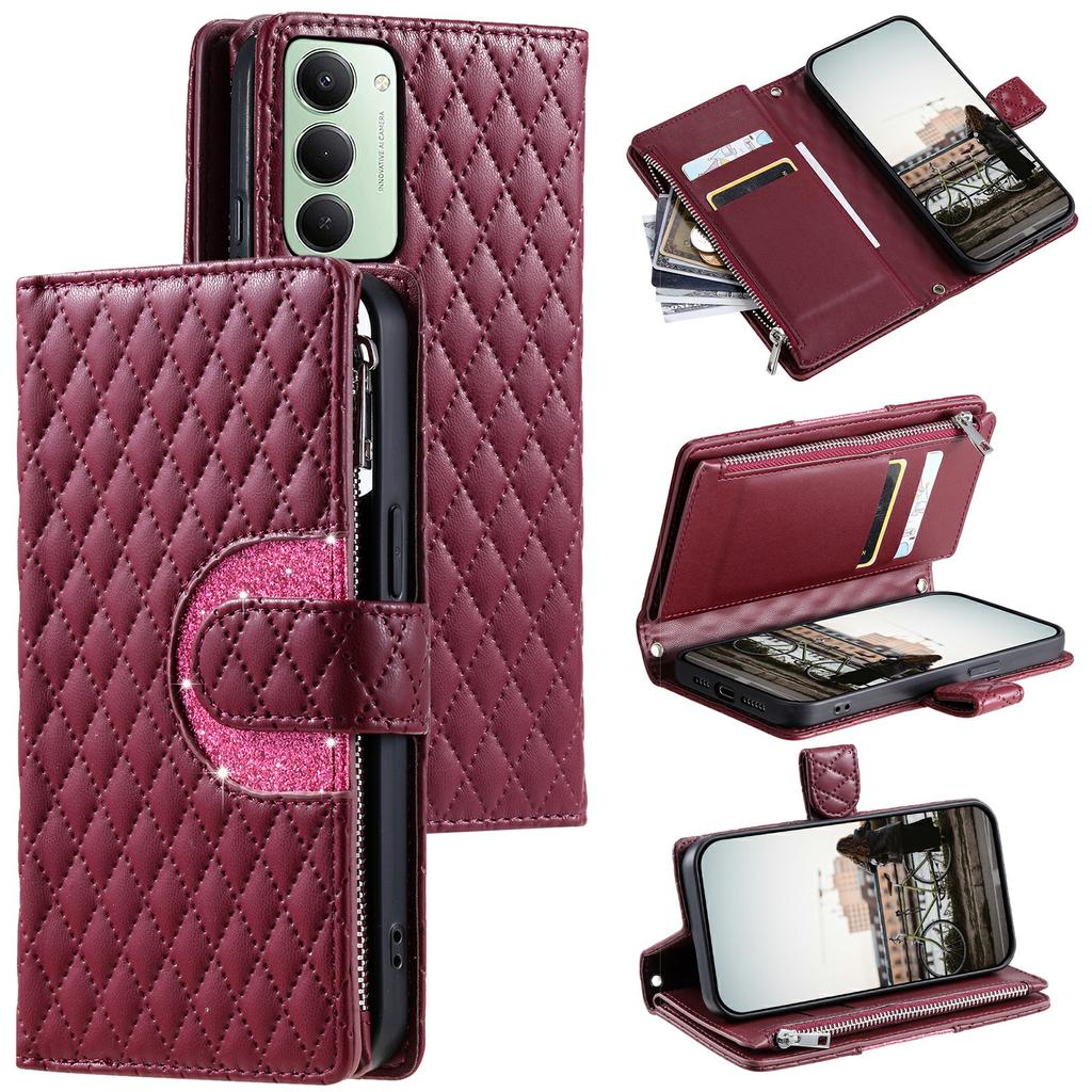 For Xiaomi Redmi 15 5G (EU) (171mm)/4G (EU) (171mm) Case Zipper Pocket Glitter Leather Phone Cover with Wrist Strap