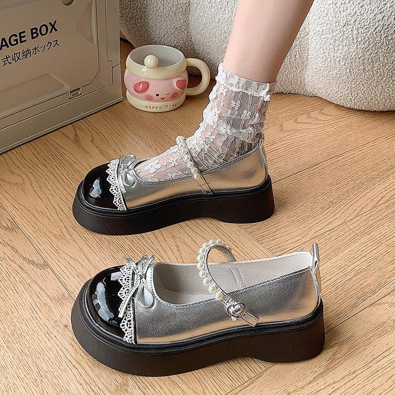 Pearl Bow Platform Small Leather Shoes Women's Summer New with Skirt Mary Jane Single Shoes