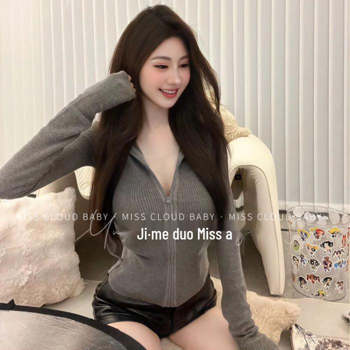 Women s Versatile Slimming Grey Zipper Cardigan Jacket - 2025 Autumn Sportswear Small серый