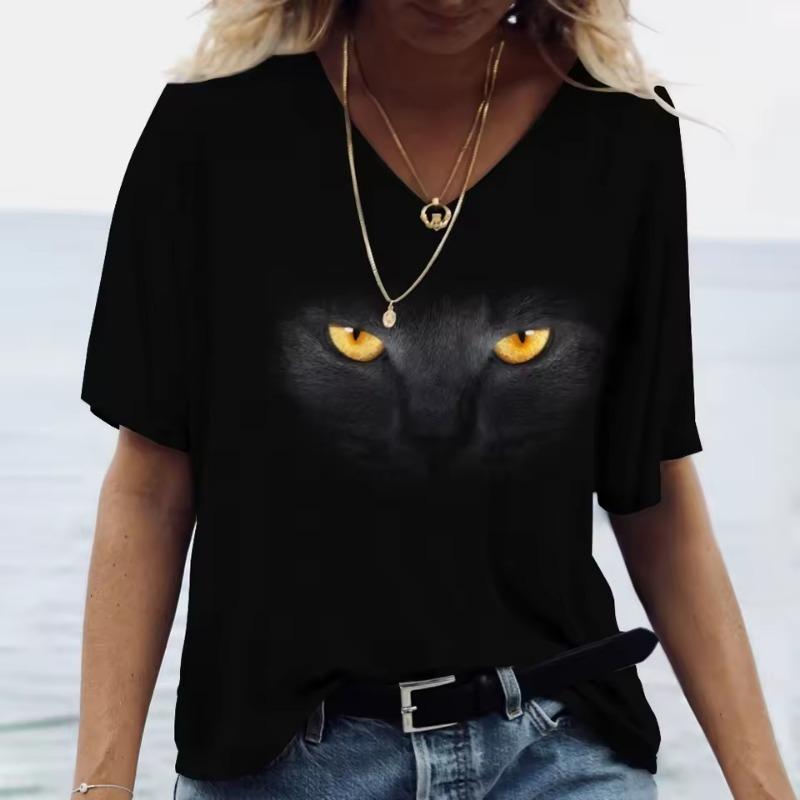 Cartoon Cat Women's T-shirts V-Neck Cute Cat 3D Print Short Sleeve Summer Kawaii Fashion Casual Tee Shirts Funny Femininity Clothes