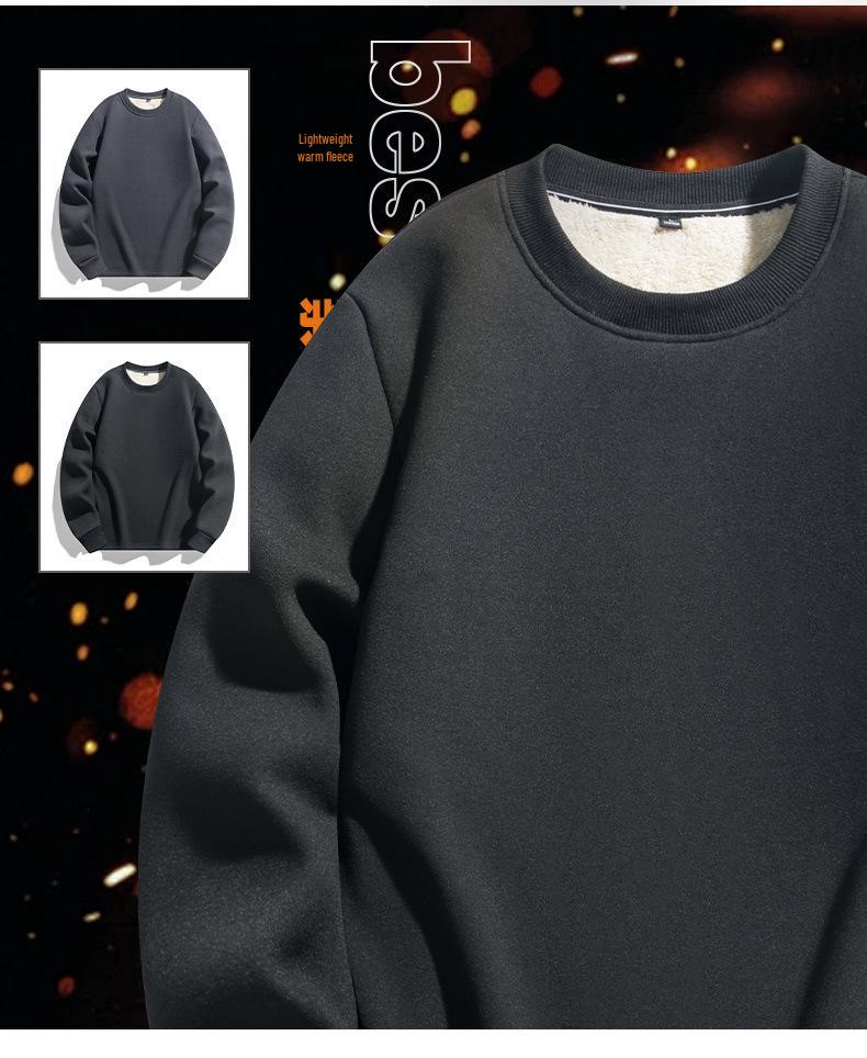 Men's Lambswool Round Neck Hoodie, Velvet-Lined, Thick, Long Sleeve, Warm Winter Top, No Hood