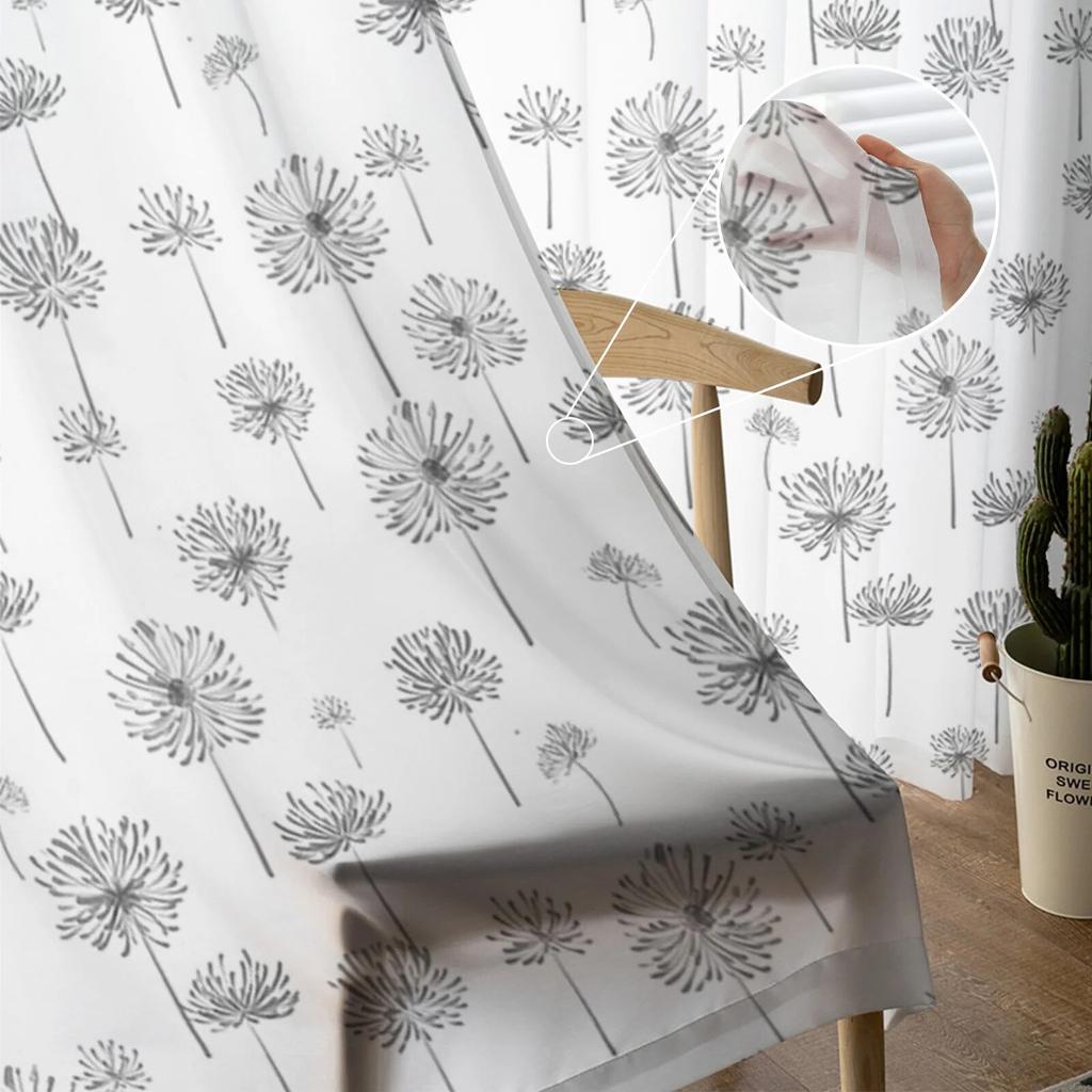 Handgezeichnete Löwenzahnpflanze, transparente Vorhänge für Wohnzimmer, Küche, Fenstervorhänge, Schlafzimmer, Tüll-Voile-Vorhänge