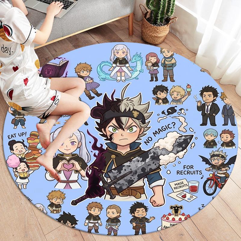 Black Clover Round Area Rug Carpet Rug For Living Room Bedroom Sofa Playroom Decor Nonslip Floor Mat