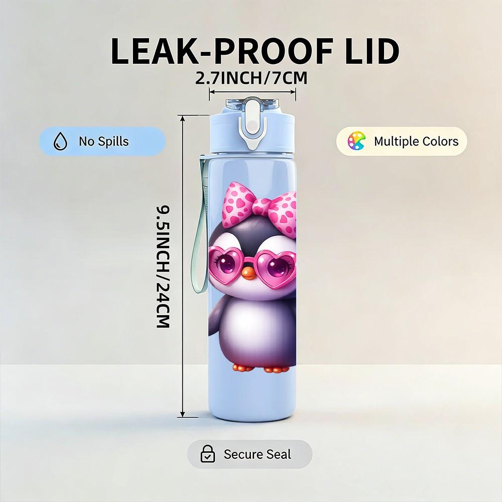 1PC Cute Pink Penguin 750ml Color Plastic Sports Water Bottle Leakproof Flip Straw Lid Suitable for Sports Office Home Use