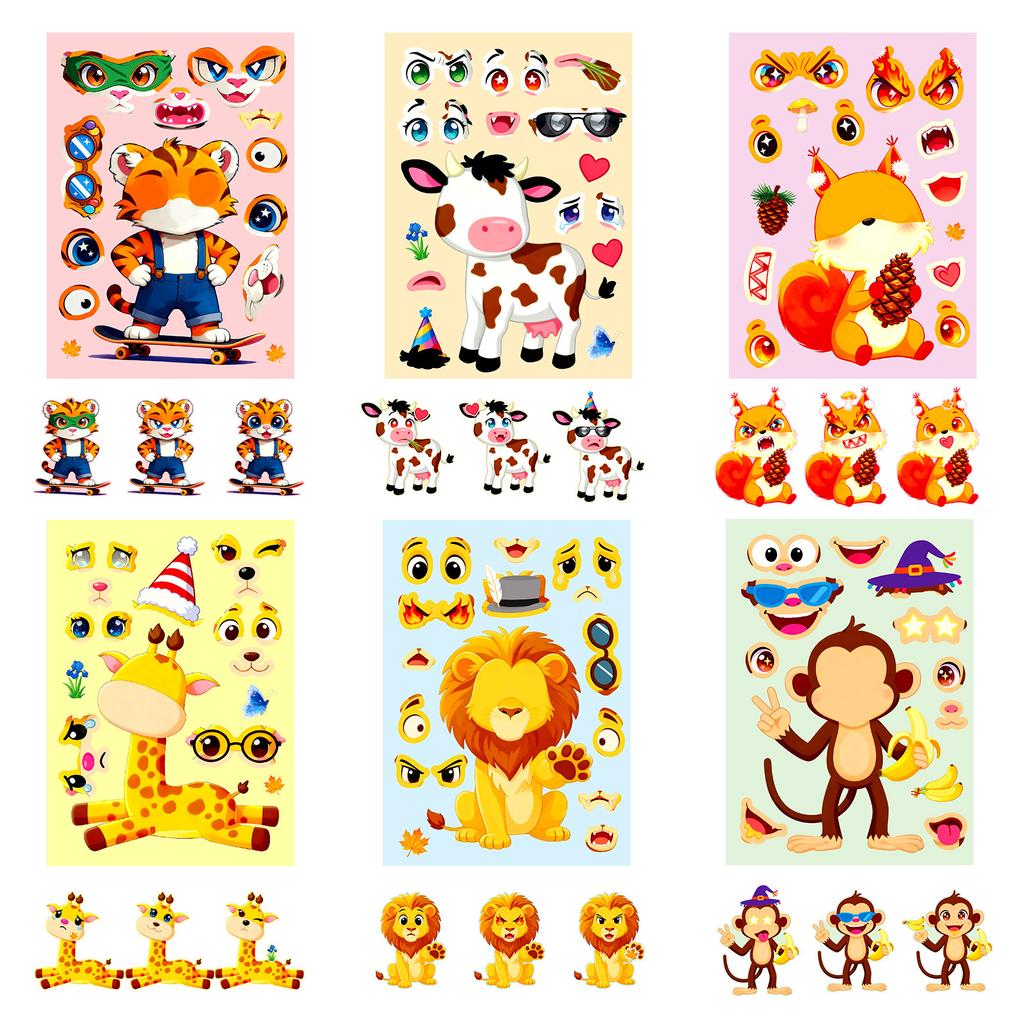 6 Sheets/Pack Big-Eyed Animal Cartoon Puzzle Face-Changing Sticker Squirrel Giraffe Fun Handmade Collage