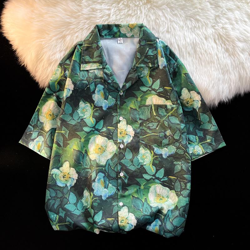 Unisex Vintage Kubakrage Blomsterskjorte - Løs passform, Hong Kong-stil, Kort erm, Perfekt for strand og par