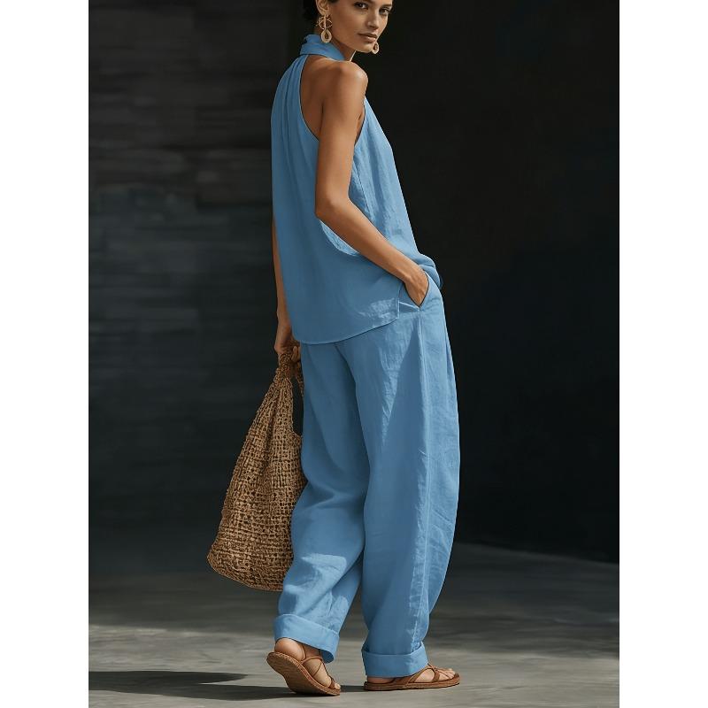 Set 2 Pezzi 2026 Stile Vacanza da Donna e Set Collo in Lino Top Senza Maniche Scollo a V Lento Pantaloni a Gamba Larga Set Due Pezzi