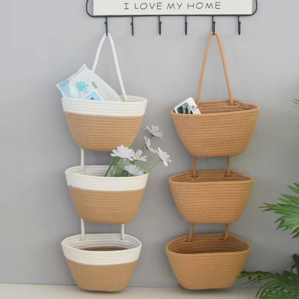 Handwoven Woven Hanging Organizer 3-Tier Wall Mount Storage Bag Wall Hanging Pouch Living Room