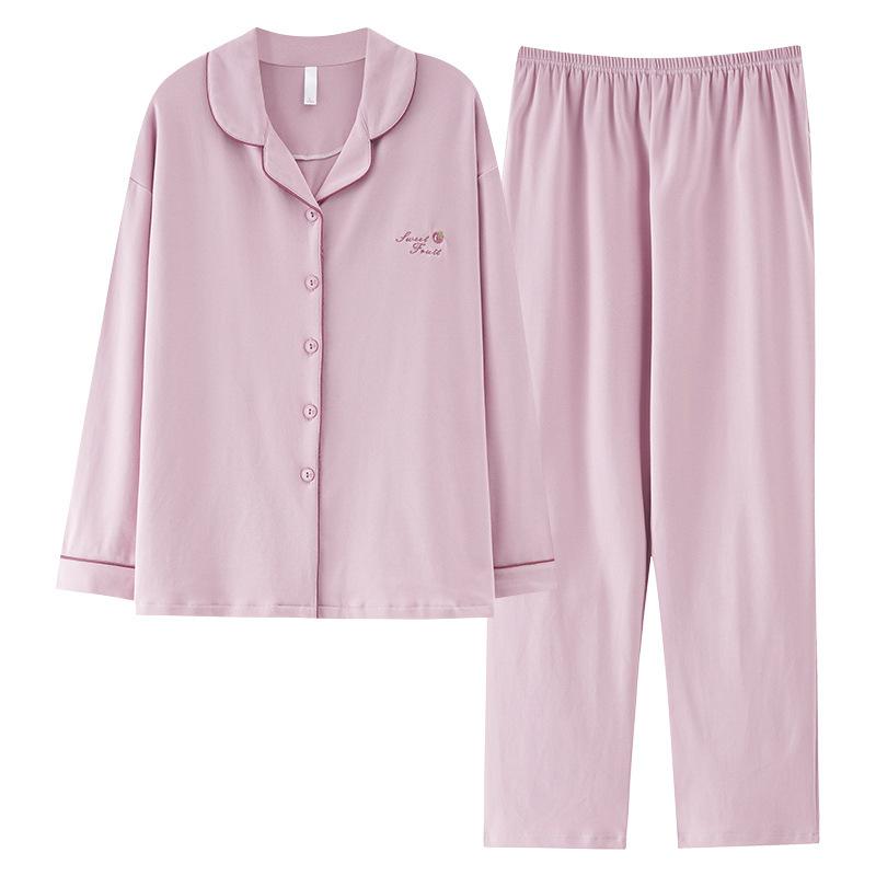 Pure cotton pajamas women's spring and autumn models with chest pads cardigan long sleeves fresh solid color large size loose loungewear autumn set