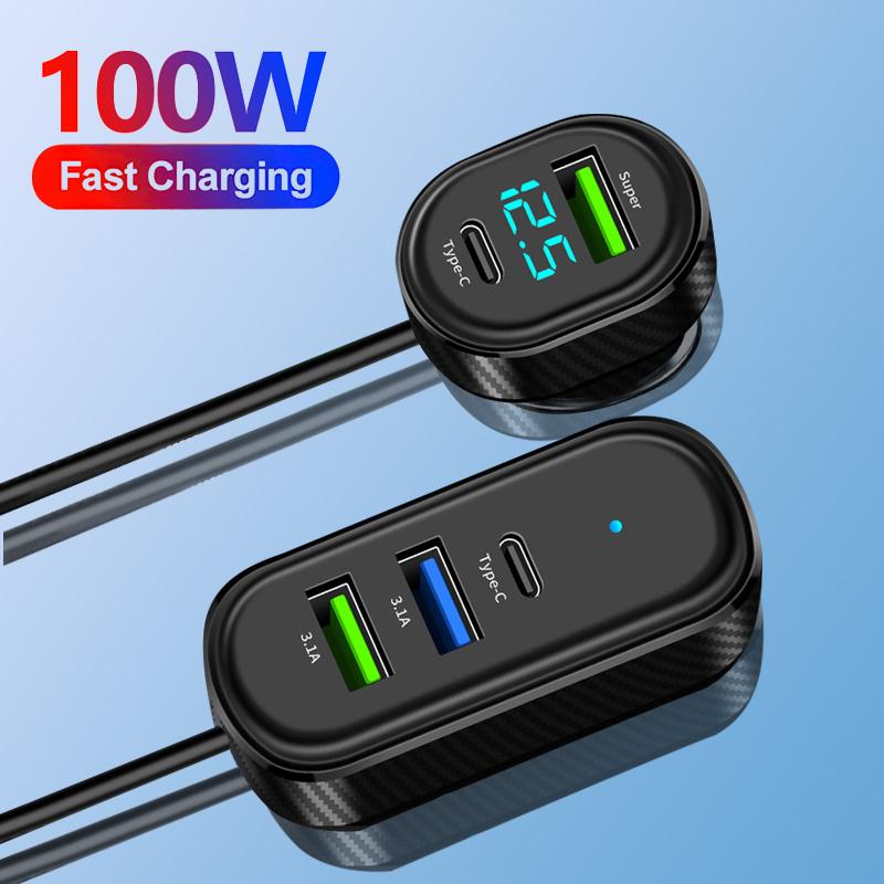 5-Ports 100W USB Type-C Front And Rear Extension Car Charger With 1.5M Extension Cable Fast Charging Power Adapter For Phone