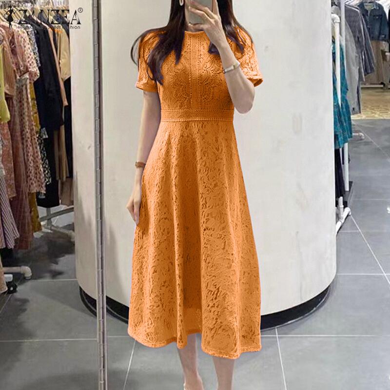 ZANZEA Robe Longue Femme Décontractée Élégante Dentelle Broderie Patchwork Manches Courtes