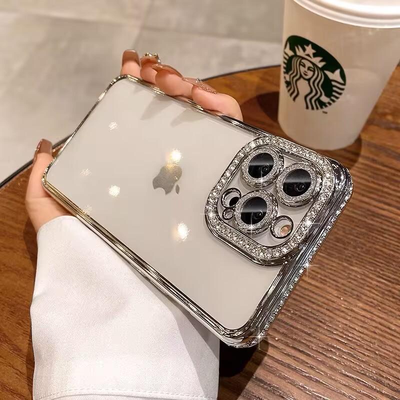 iPhone 17 Pro Max Rhinestone Lens Case: Drop-Proof, Electroplated Soft Shell, Transparent, Compatible with iPhone 14/13