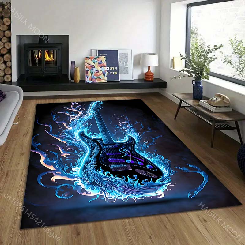 1 Stück Elektrische Gitarre Blaue Flammen Muster Teppich Teppiche für Schlafzimmer Wohnzimmer Sofamatte Kreative Fußmatte Garderobe Heimdekoration