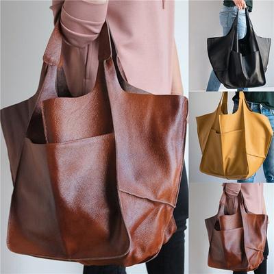 Retro Large Capacity Tote Women Handbags Aged PU Leather Shoulder Bag Casual Soft  Shopper Purses
