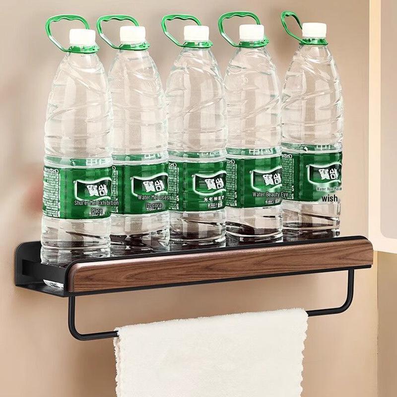 Wandmontiertes Badezimmerregal aus Nussbaumholz mit Waschbecken und Stauraum, Bohrlos