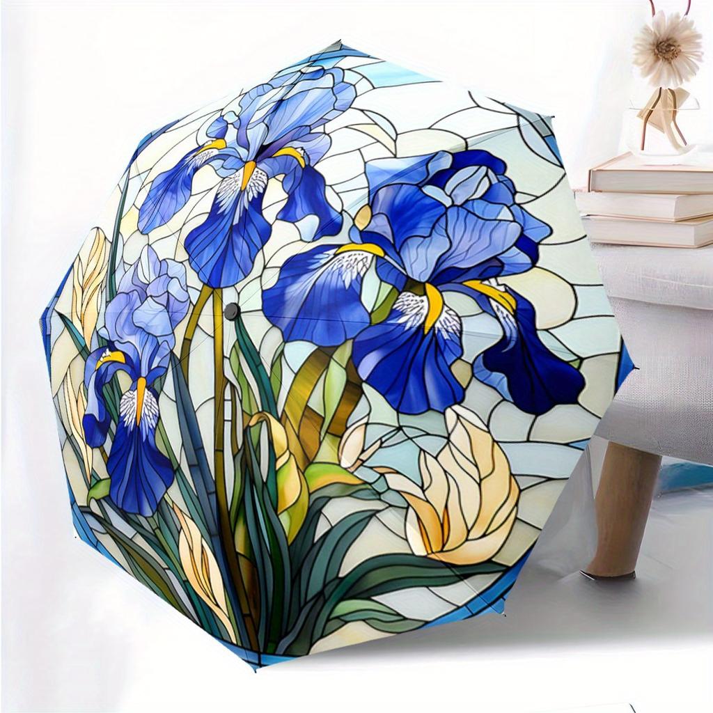 Automatic Open/Close Umbrella with Floral Design - Stained Glass Pattern In Blue & Yellow, Compact Folding Umbrella with 8-Rib