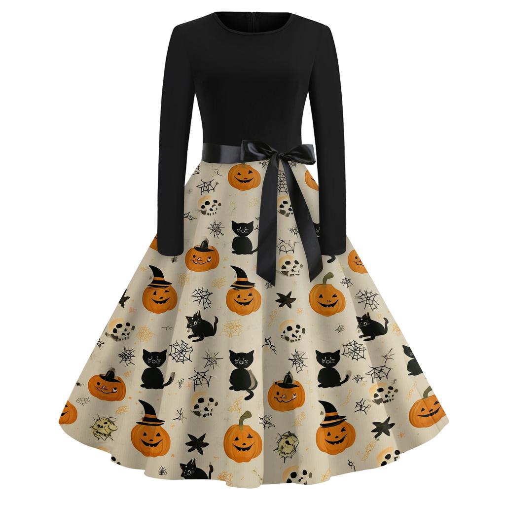 Women's Casual Vintage Halloween Dress Long Sleeve Crew Neck Retro Swing Dress with Spider Web and Bat Print and Waist Tie Belt for Everyday Wear