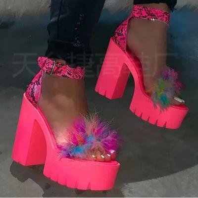 Woman Furry Sandals High Heels with Fur Female Platform Pumps Women Ankle Strap Women's Wedge Shoes 2024 Summer