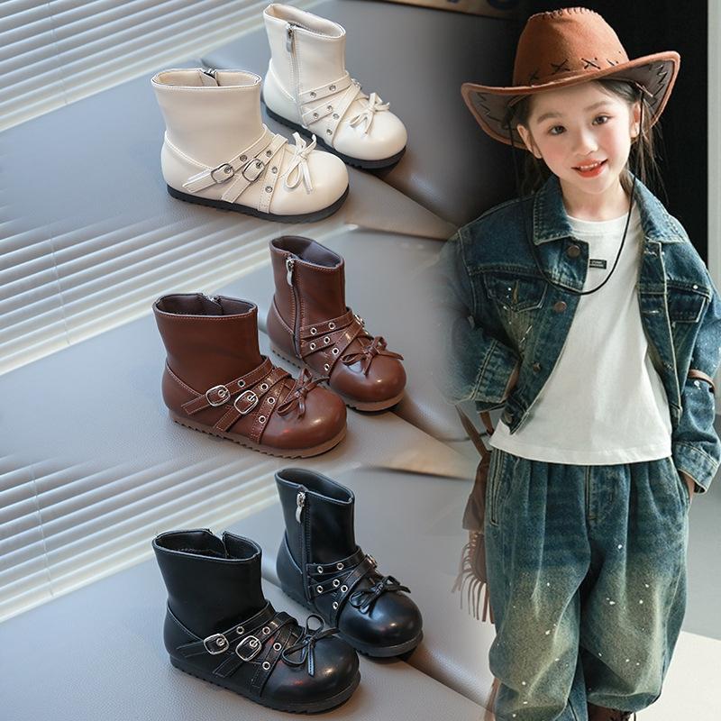 Children's Fashion Soft Bottom Ankle Boots Girls Bow Leather Boots