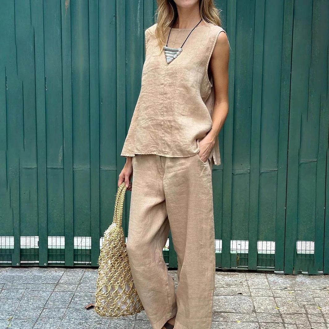 

Женский повседневный пуловер без рукавов, хлопково-льняной костюм с широкими брюками, однотонный S хаки