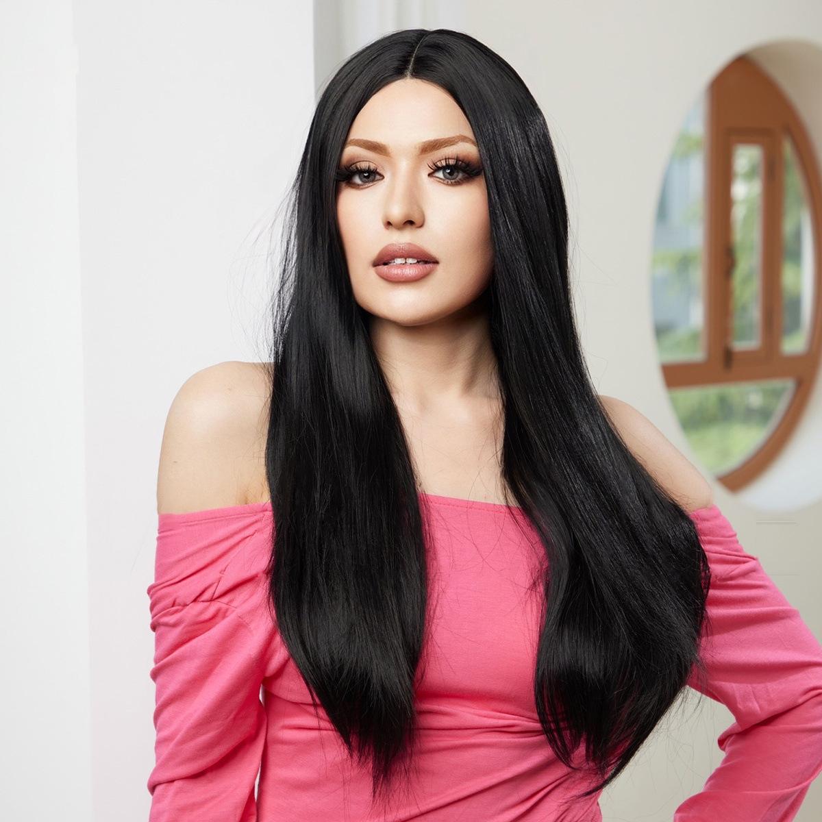 

Женский искусственный парик, 66 см, черный парик, длинный прямой парик, Т-образный передний кружевной парик, головные уборы, красивое украшение, парик канекалон 66cm чёрный