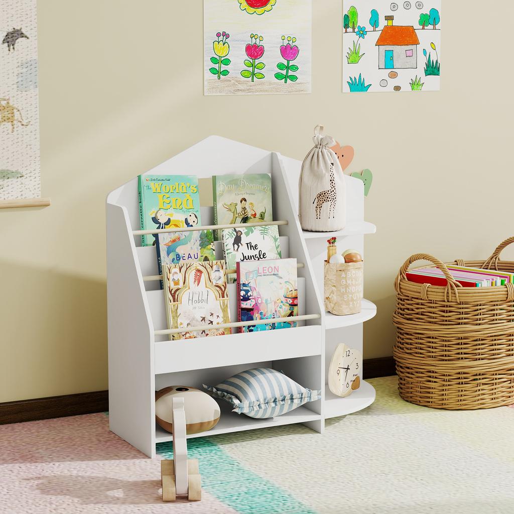 Children's shelf with 7 shelves for books and toys, rounded edges, supports 40 kg, white