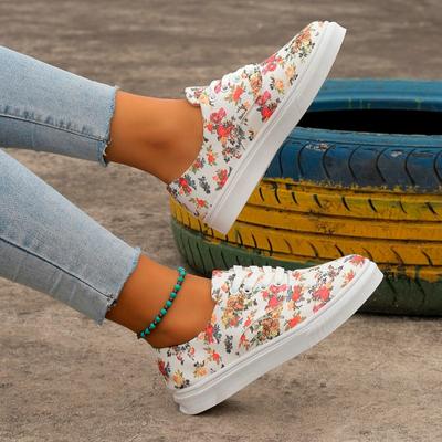 Zapatillas deportivas con cordones y estampado floral para mujer, zapatos planos de punta redonda para mujer, zapatillas planas informales con cordones