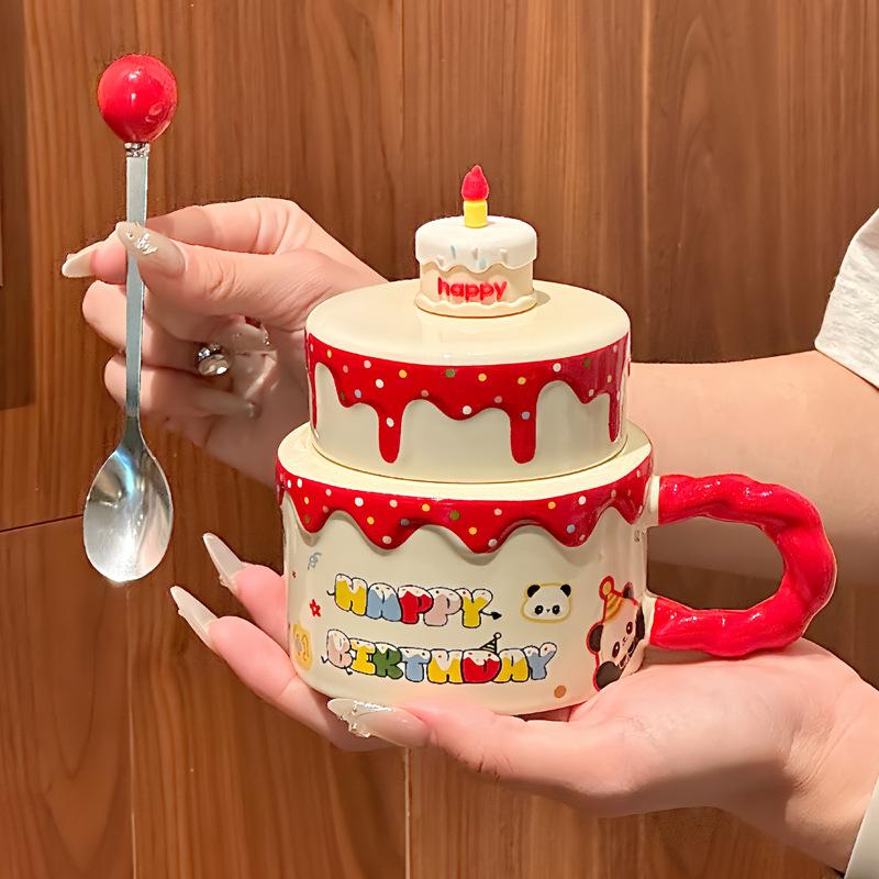 

ins cute cake ceramic mug with lid girl high-end drinking cup birthday gift souvenir gift box 401-500ml