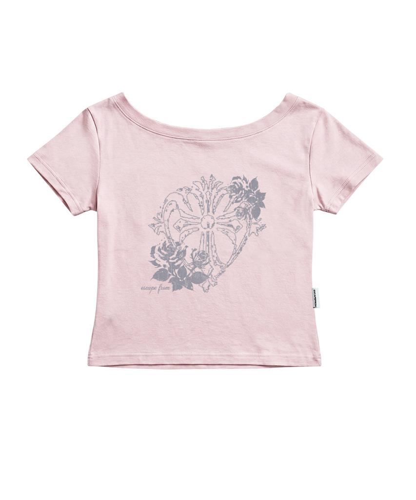 ESCAPEFROM Rose Cross Print Boat Neck Slim Fit Short Sleeve T-Shirt [7 Colors]