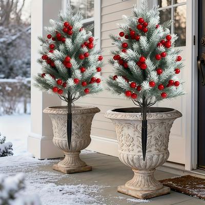 2pcs Artificial Tree with Ground Stake Realistic Bushes Plant Artificial Greenery Shrubs for Outdoor Yard Front Porch Xmas Decor