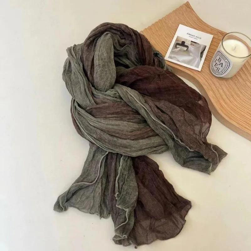 Retro Gradient Color Long Cotton and Linen Scarf Japanese Artistic Fresh Shawl Western-style Versatile Pleated Scarf for Women