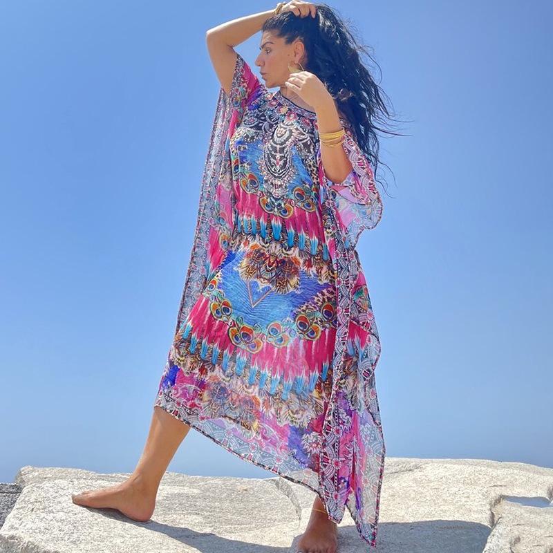 Indigo Floral Beach Robe: Loose Seaside Holiday Sunscreen Dress & Bikini Cover-up