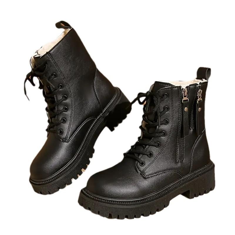 Fashionable Faux Pu Leather Round Toe Martin Boots With Thick Bottom And Warm Lining