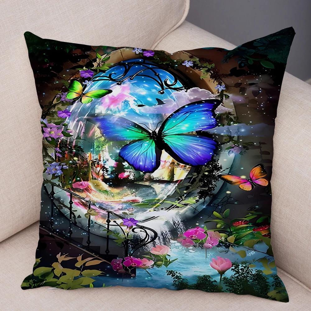 Tecknad Blomma Fjäril Djur Kuddfodral Dekor Blomma Kuddfodral för Soffa Hem Bil Fantasi Skog Mjuk Plysch Kuddfodral
