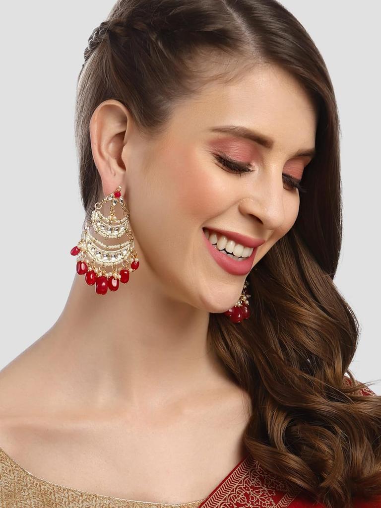 Gold Plated Red Tumble Kundan Chandbali Earrings for Women