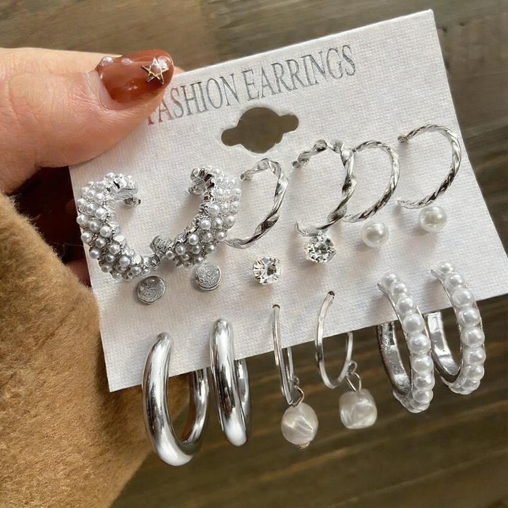 European and American style metal earrings square geometric earrings retro imitation pearl earrings Hepburn style earrings set