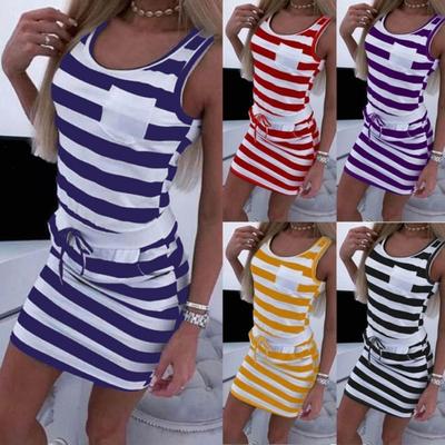 (XS-5XL) Dames O-hals Mouwloos Horizontale Strepen Zakken Koord Mini Bodycon Jurk
